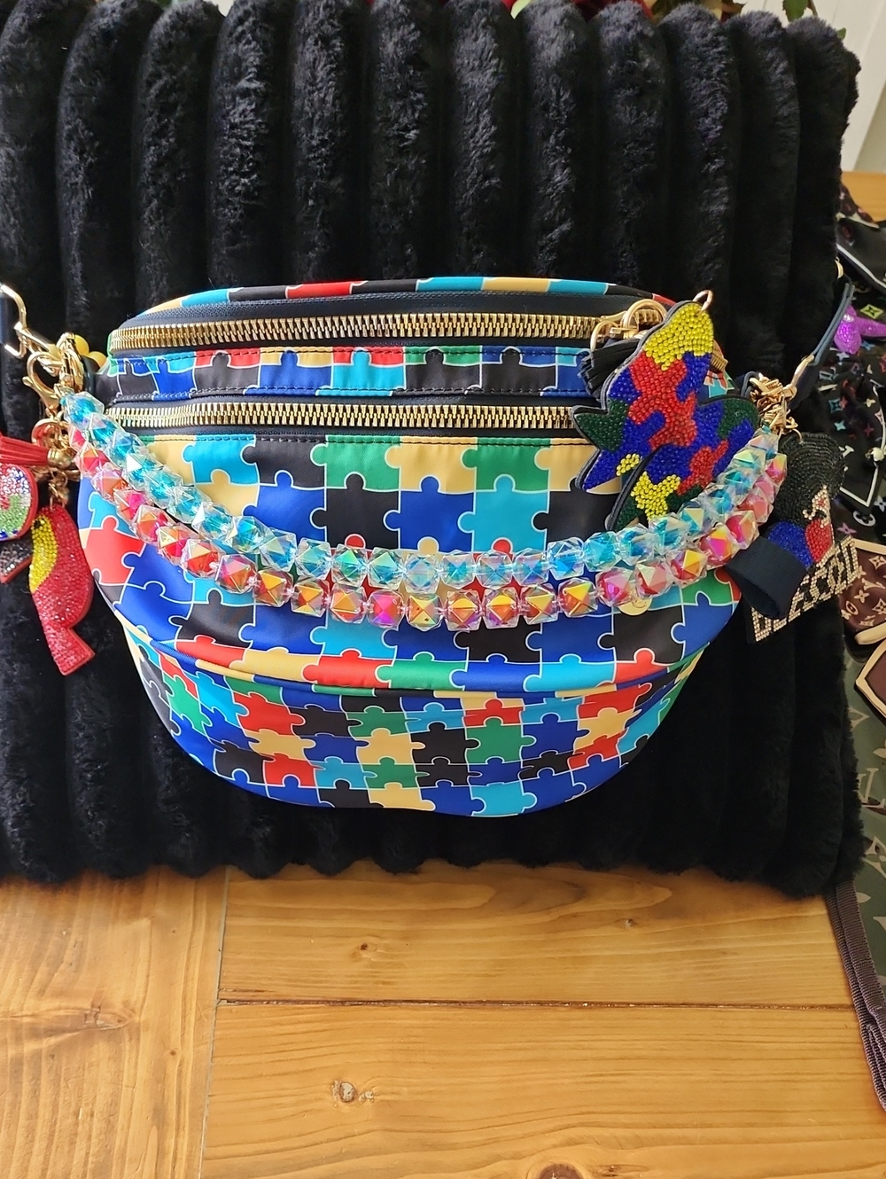 Colorful Puzzle Print Crossbody Bag - Blue Multi
